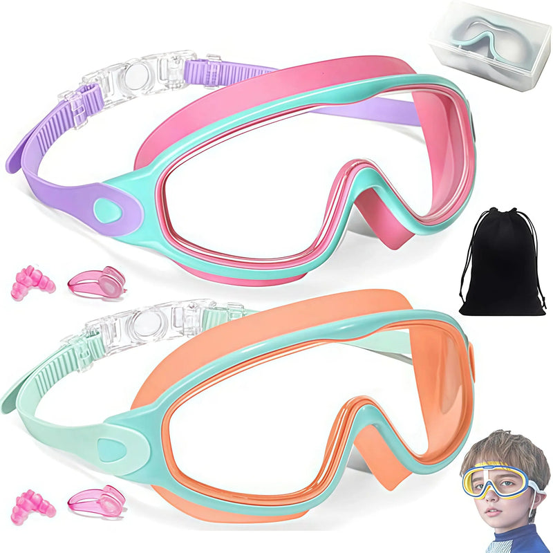 2 Pack Kids Swim Goggles for 3-15 UV Protection Anti-Fog High Definition Waterproof Adjustable Goggles for Boys and Girls - Safety anti-uv swimming goggles swim glass anti-fog swimming goggles Swimminggoggles Nose Clip Earplugs Nose Clip Noseclip