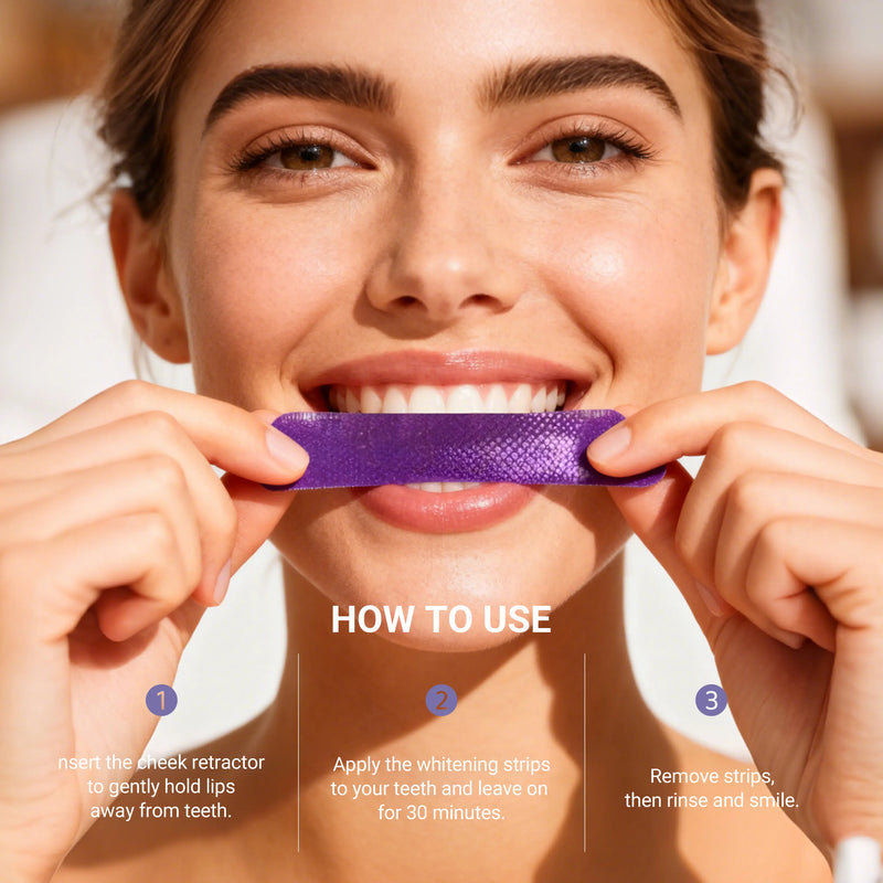 Purple Teeth Whitening Strips  With Free Cheek Retractor - 7/21 Whitening Sessions -Nano-Hydroxyapatite Safe for Enamel - Non Sensitive Teeth Whitening - Peroxide-Free